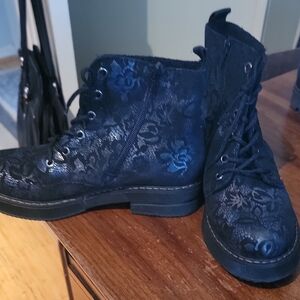 RIEKER Floral Black Lace-Up Ankle Boots SIZE 7